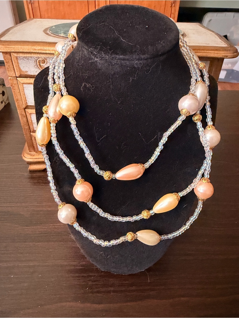 Avon Multi-Strand Pink, Peach & Gold Beaded Necklace